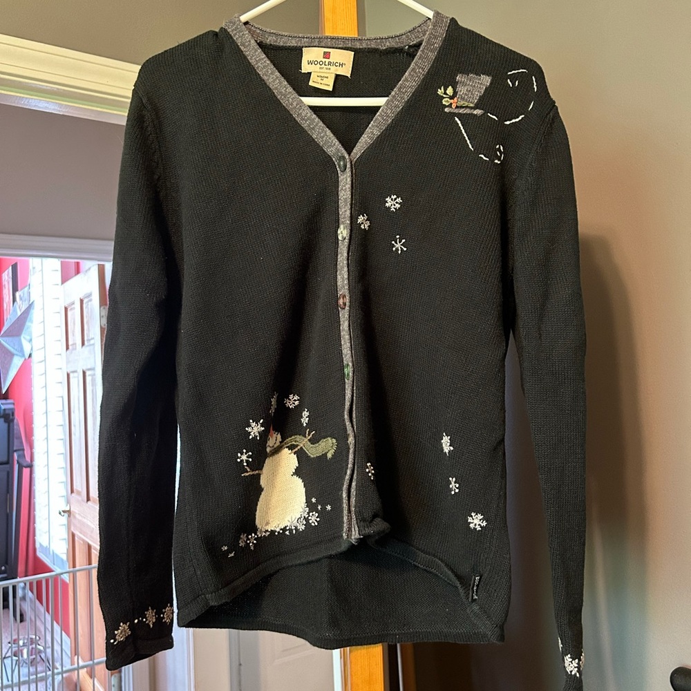 Woolrich cardigan, black with snowman embroidery.  Women’s size medium.